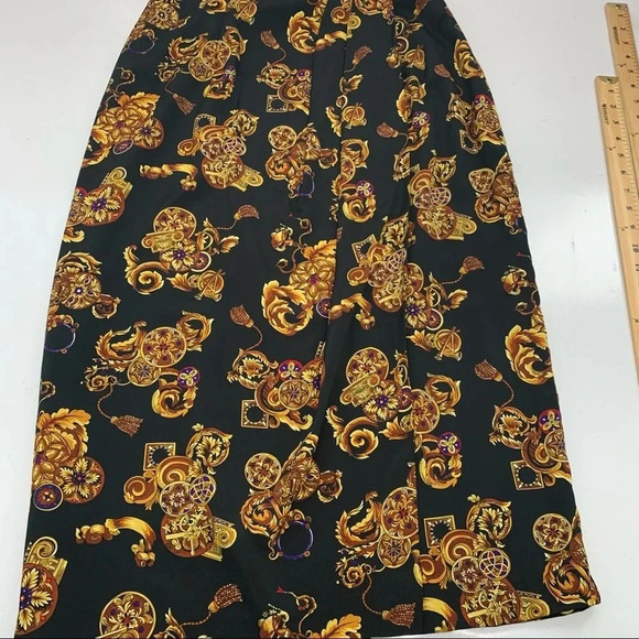 CK Midi Skirt 12 Faux Wrap Black Gold Floral Print Classic Whimsy Goth Office// - Picture 7 of 11